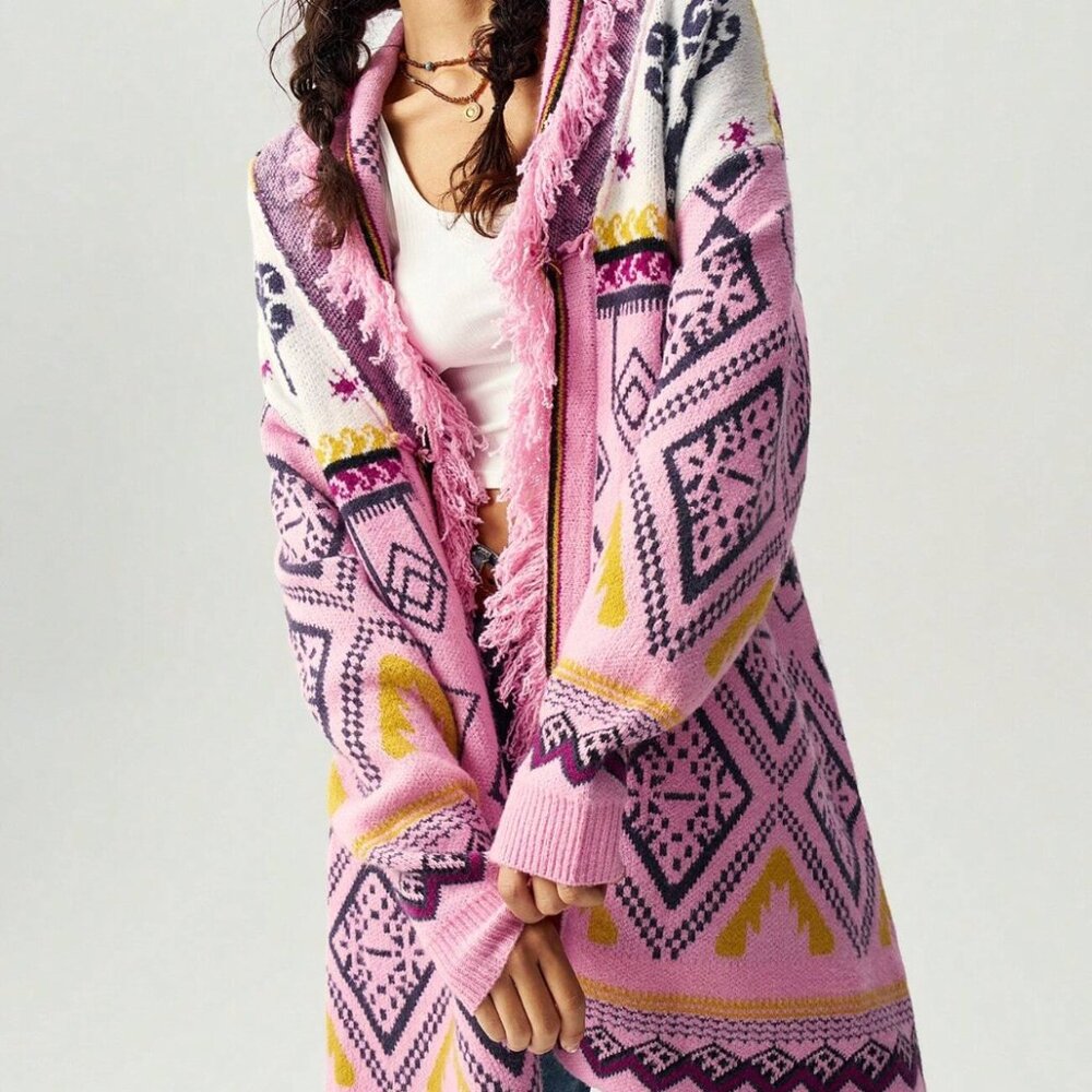 Pink Geometric Aztec Print Fringe Cardigan - Picture 7 of 15